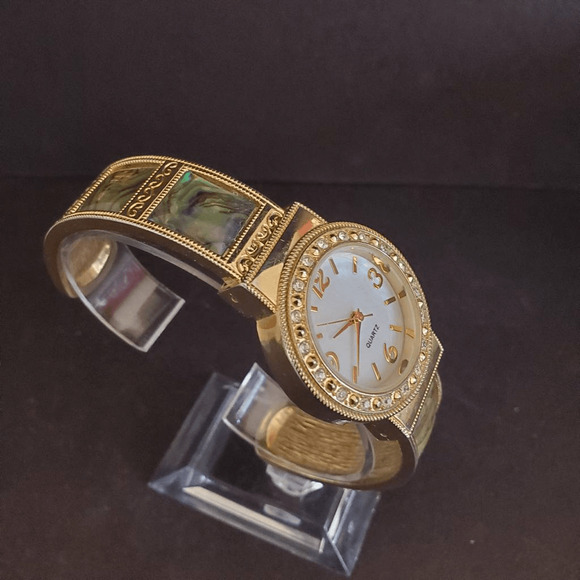 M.Z.Berger Ladies Bangle Watch Gold Tone‎ Crystal Bezel Faux Abalone Inserts - Picture 11 of 11